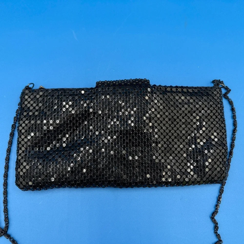 Black Beaded Evening Bag Metal Chain Shoulder Strap Purse Clutch Satin Inside